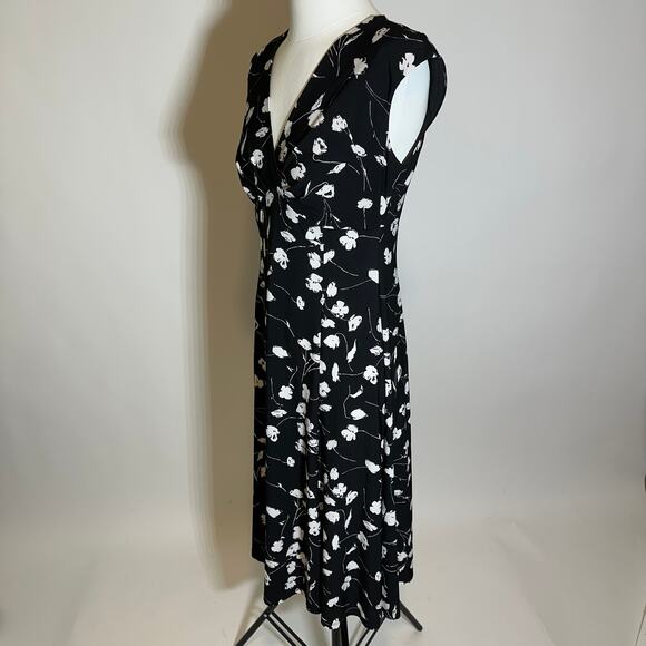 Anne Klein Black White Floral Cap Sleeve V-Neck Midi Dress Womens Size 6 Career - Picture 5 of 12